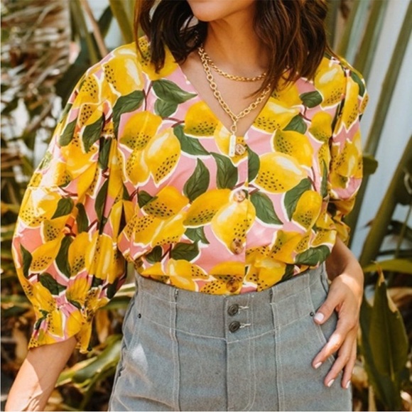 Farm Rio fresh lemons puff sleeve blouse Small - Picture 1 of 7